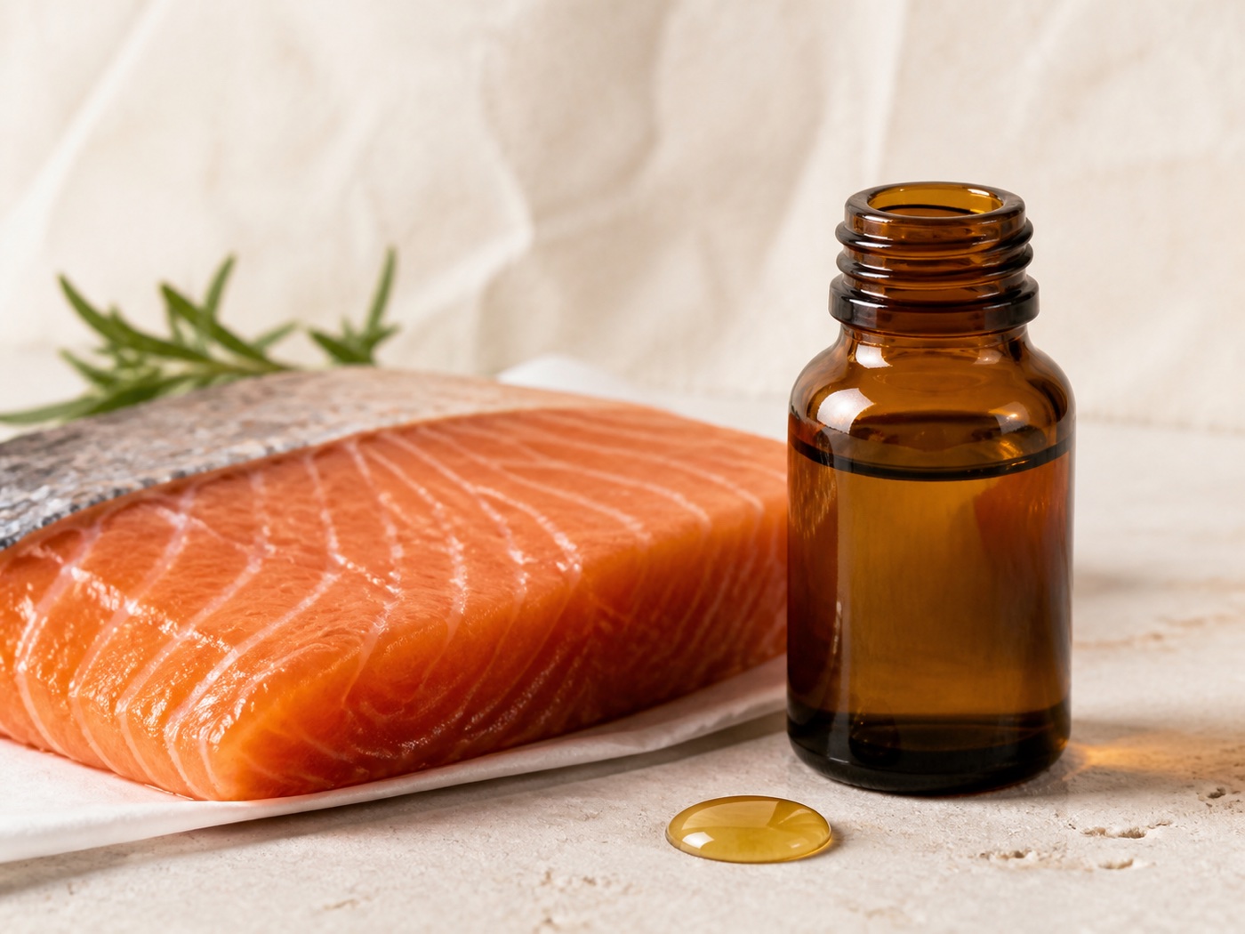 Close-up of salmon, an unlabeled amber fish-oil bottle, and a drop of golden oil.