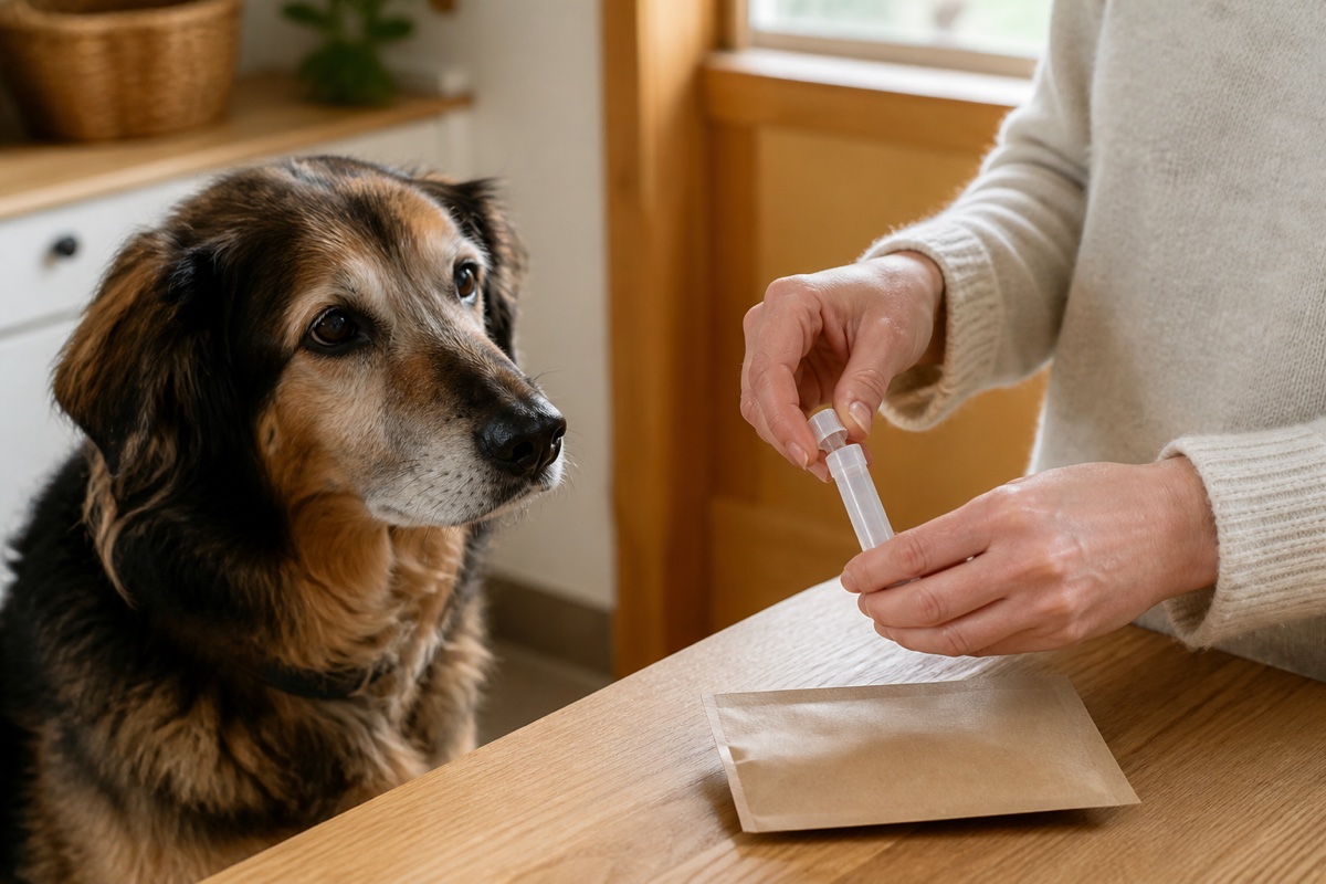 An owner preparing an at-home gut health sample tube beside an older dog